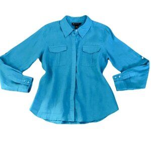 INC International Concepts Linen Button Front Safari Shirt Sz 8 Turquoise 208G
